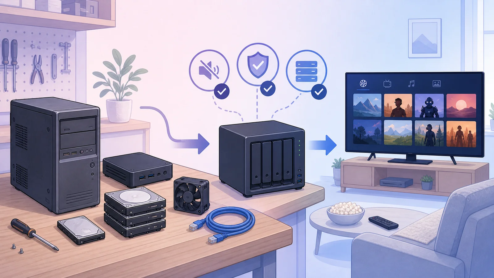 Illustration of reusing an old computer mini PC NAS and spare hard drives as a practical home media server
