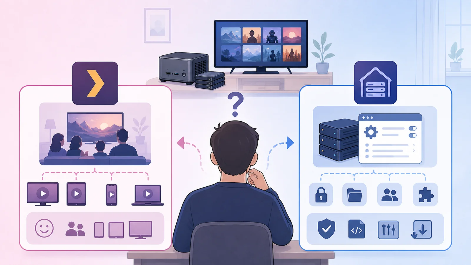 Illustration of choosing between two media server paths: easy household playback or deeper self-hosted control