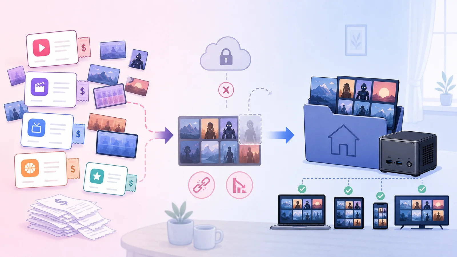 Illustration of entertainment fragmented across many subscriptions and catalogs, contrasted with a stable personal media library