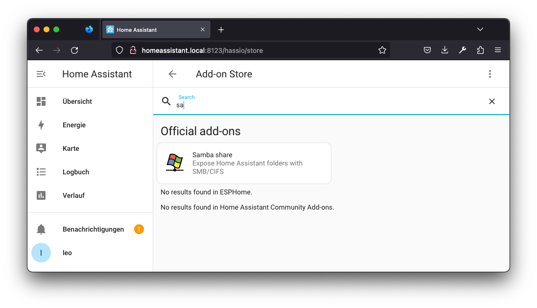 Samba Share add-on in Home Assistant