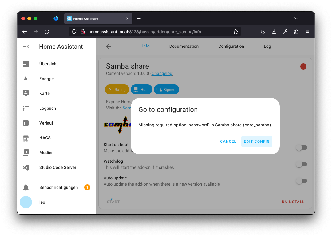 Samba Share configuration screen in Home Assistant