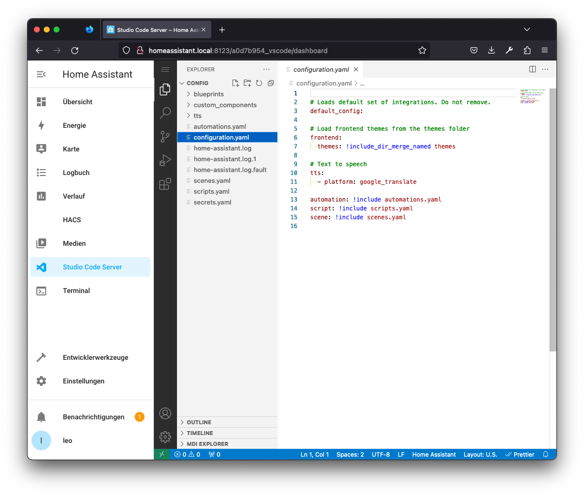 Studio Code Server editor showing Home Assistant configuration files