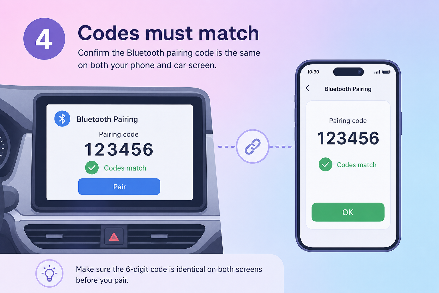 Xác nhận mã Bluetooth giống nhau trên điện thoại và màn hình xe