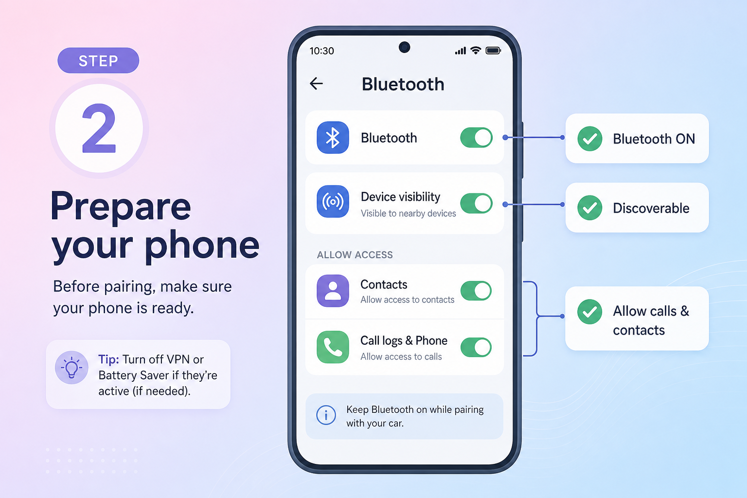 Bật Bluetooth và cho phép quyền cuộc gọi, danh bạ, âm thanh trước khi kết nối với xe