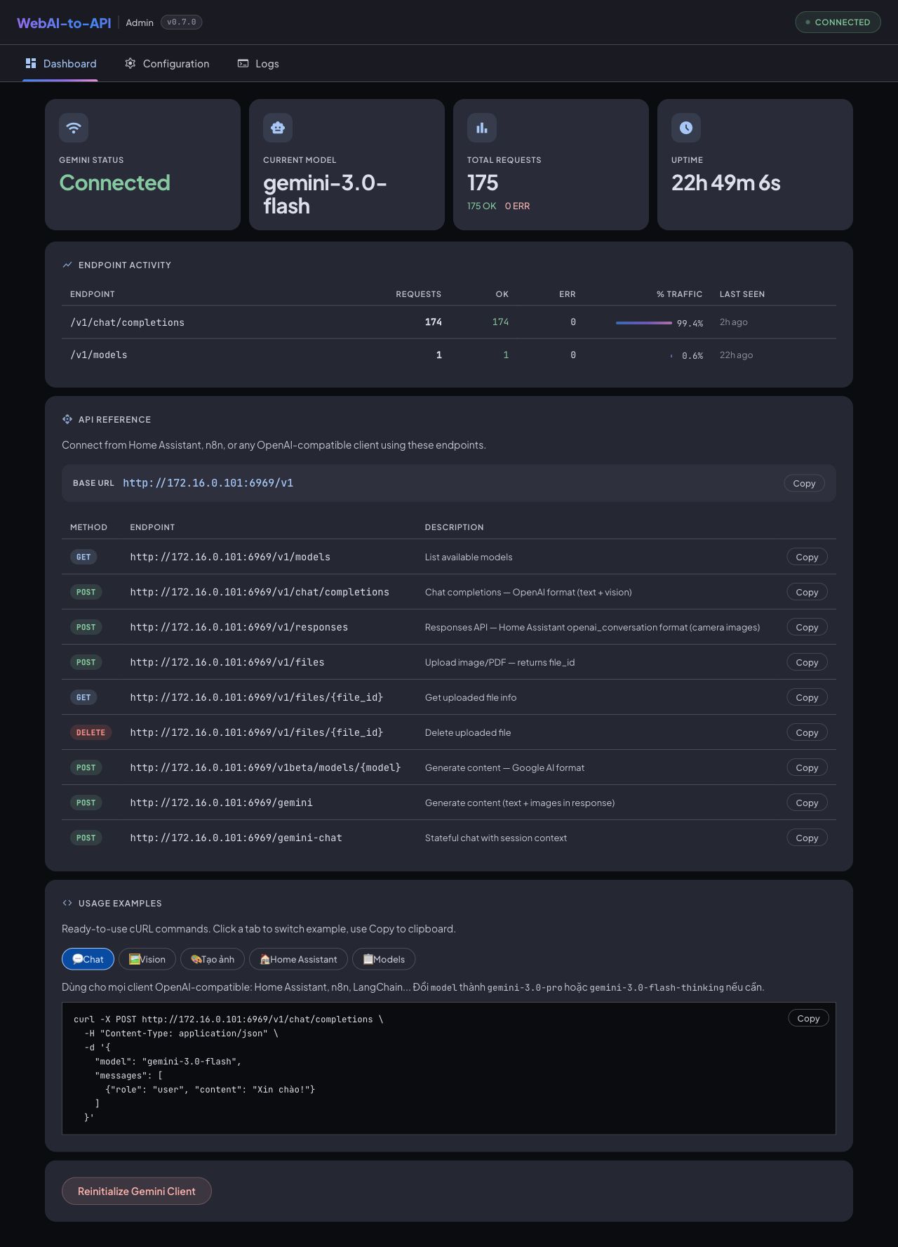 Dashboard WebAI-to-API hiển thị trạng thái Gemini, Base URL và các endpoint API