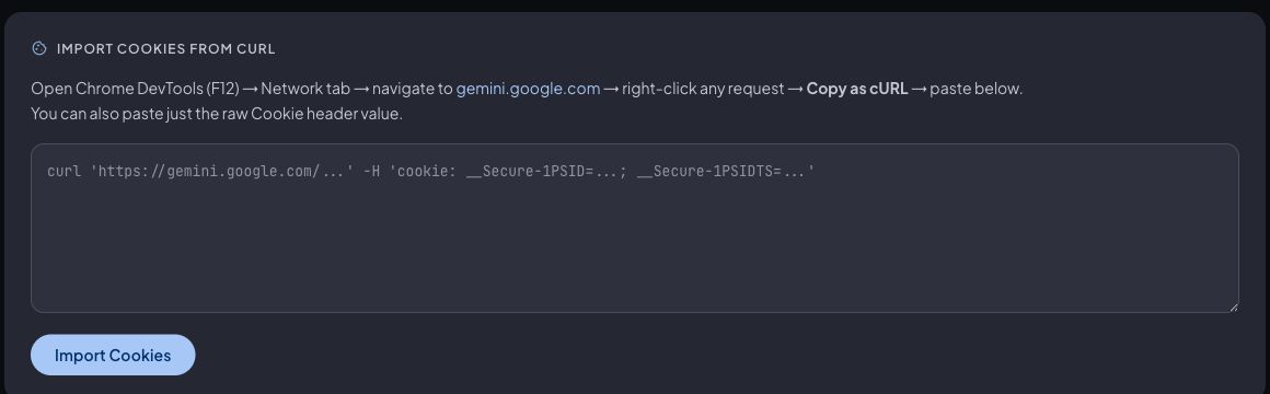 Mục Import Cookies from cURL trong tab Configuration của WebAI-to-API