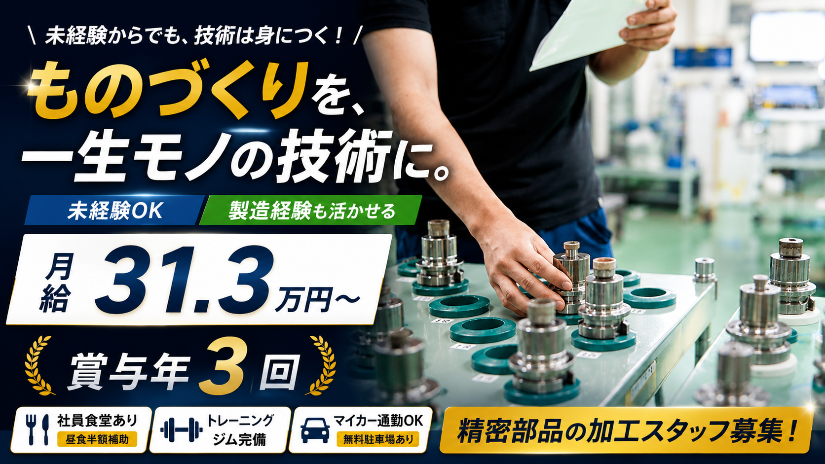 精密部品の加工／月給31.3万円＋賞与年3回！経験豊富な世代も活躍中！