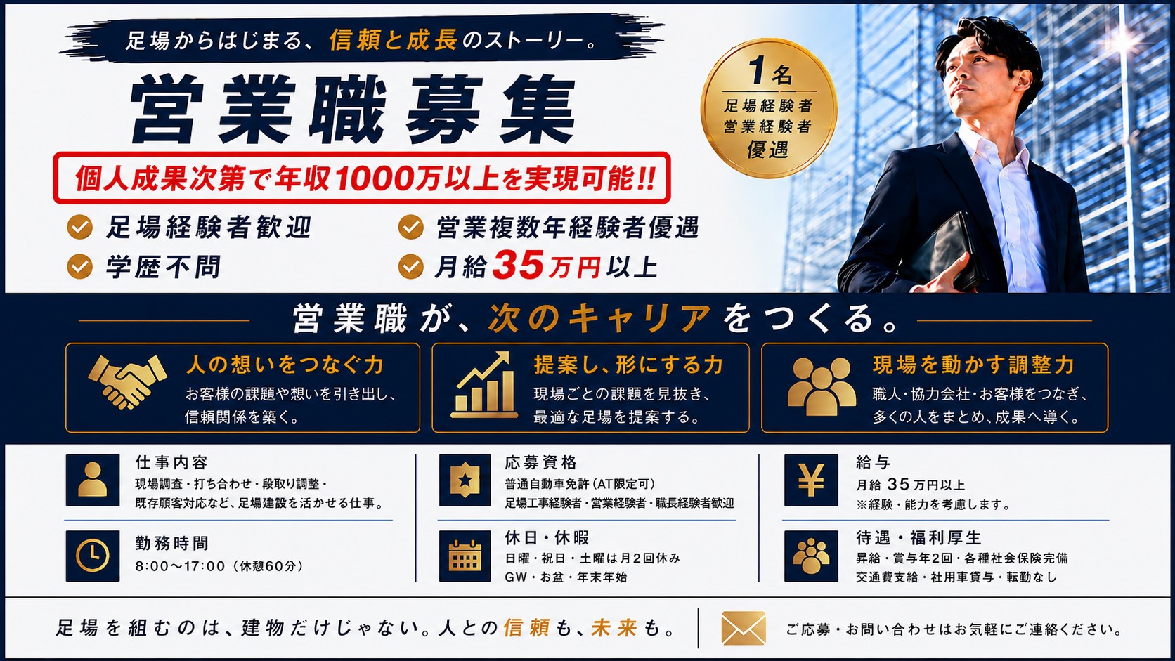 個人成果で年収1000万以上実現可能｜月給35万円以上保証｜営業複数年経験者優遇｜正社員（大阪府羽曳野市）転勤無し｜ 