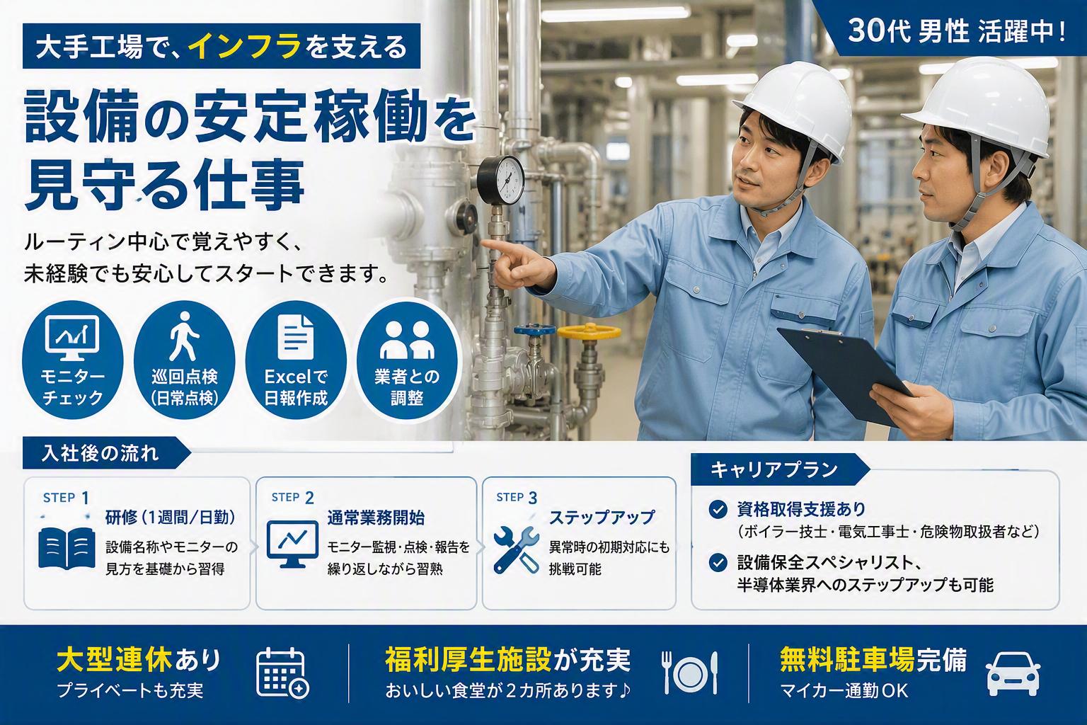 設備管理（モニター監視・巡回）｜未経験OK／月給20万～／大手工場