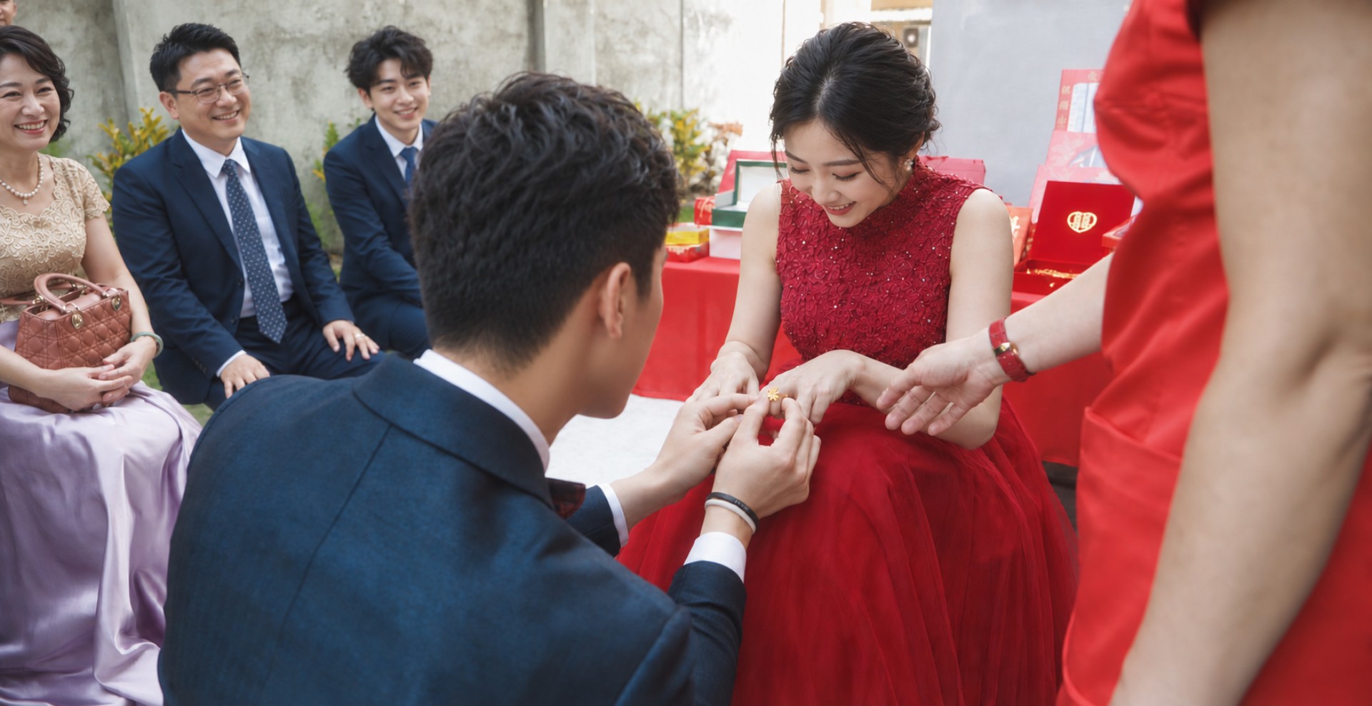 結婚新人進行帶金戒指的中式儀式圖片