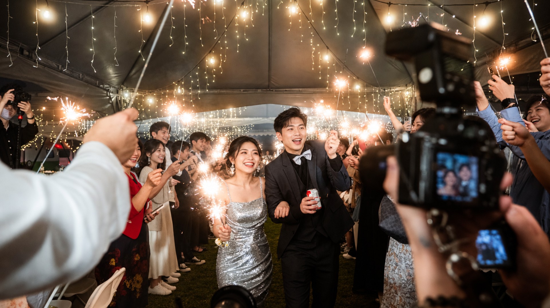 以實拍婚禮場景合成兩位攝影師從不同位置紀錄的情境示意