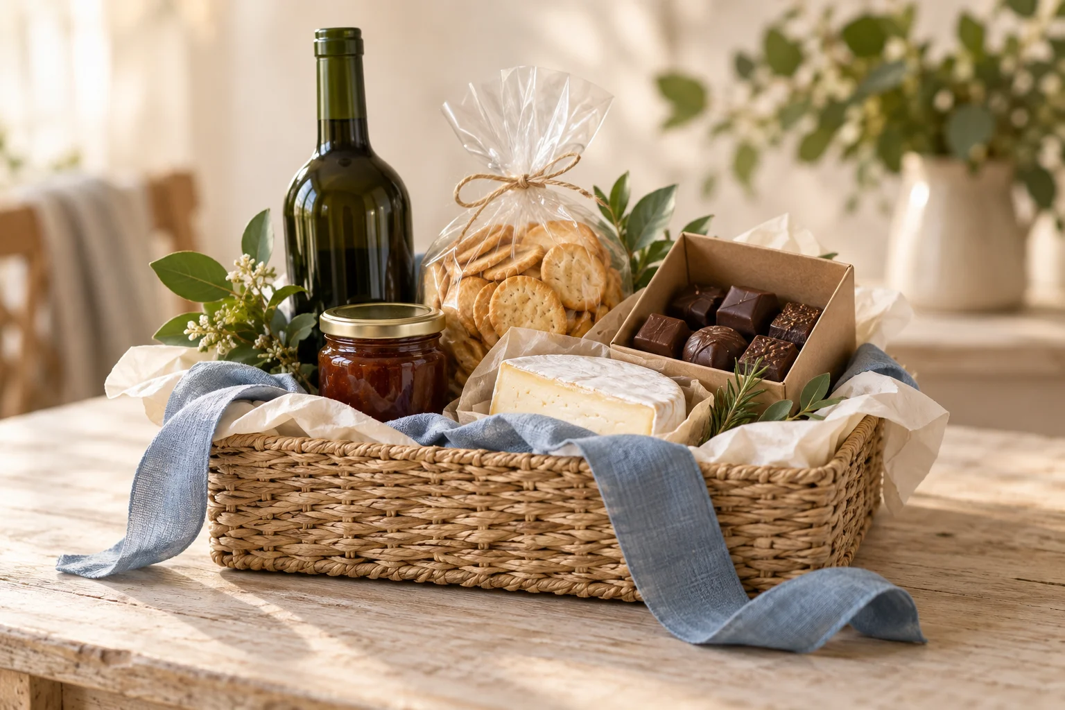 AI-created illustration of a gourmet gift hamper; not an actual company hamper