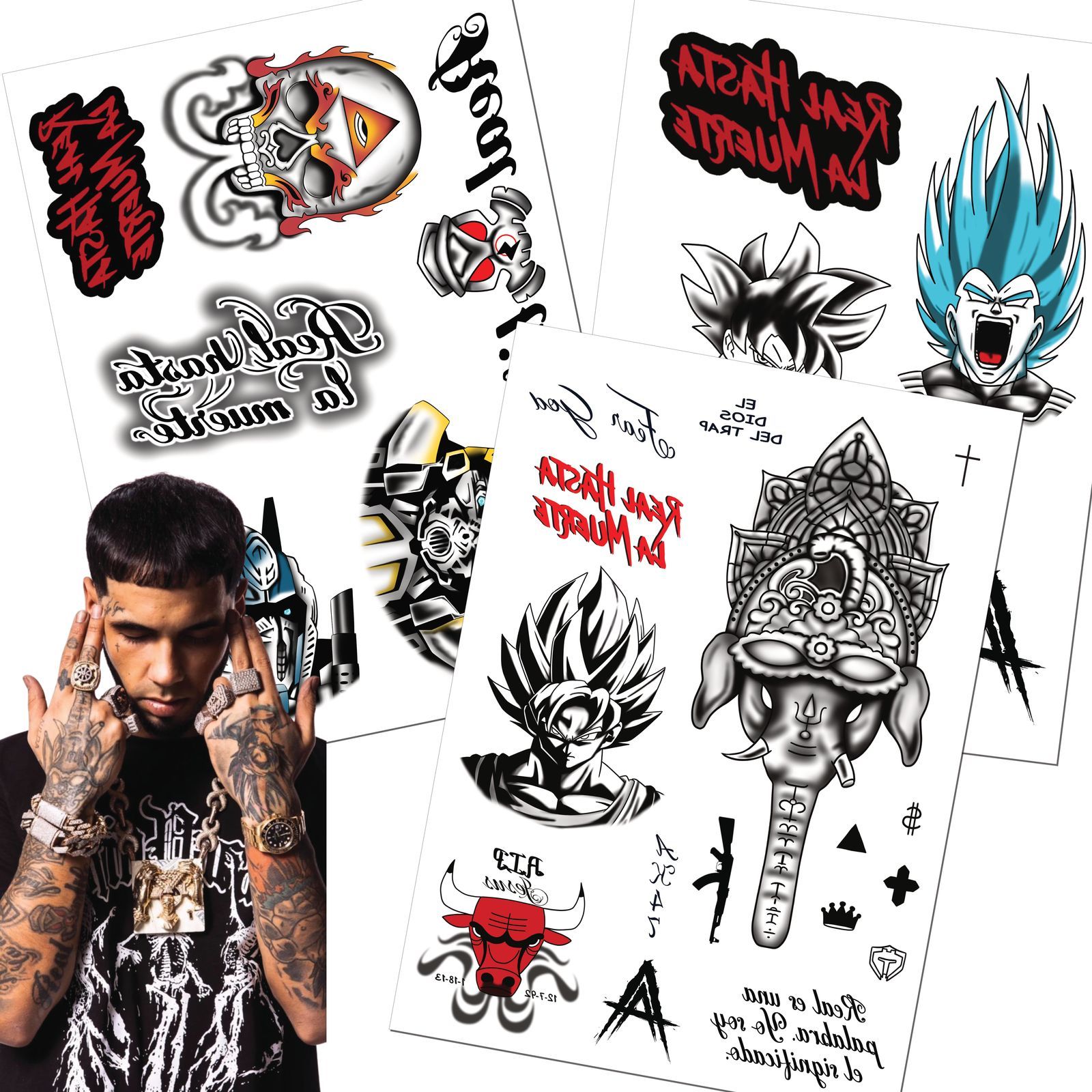 Tatuajes Temporales Anuel AA - Estilo Trap Latino - Para Conciertos, Fiestas y Fans del Trap (Set Completo) image