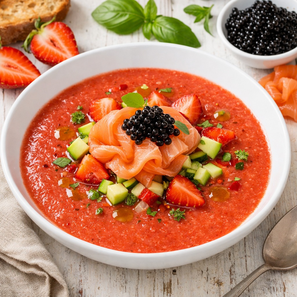 Гурме на борда: Гаспачо с ягоди, пушена сьомга и хайвер