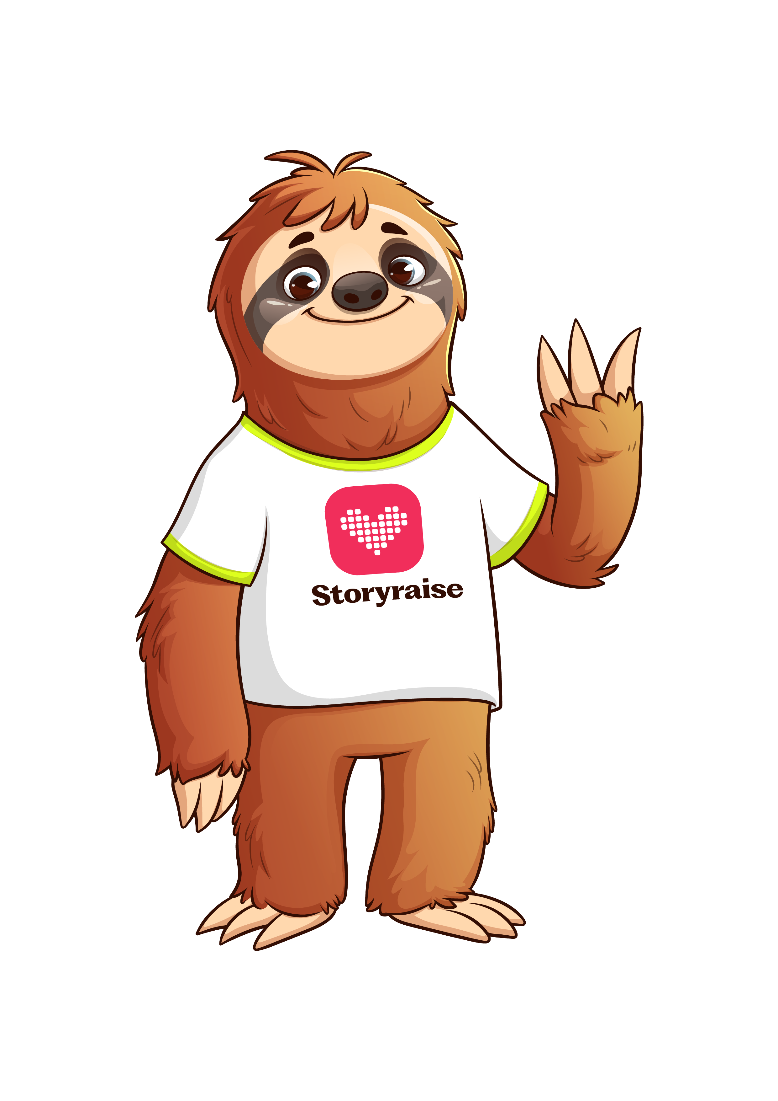 Storyraise mascot - a friendly waving sloth