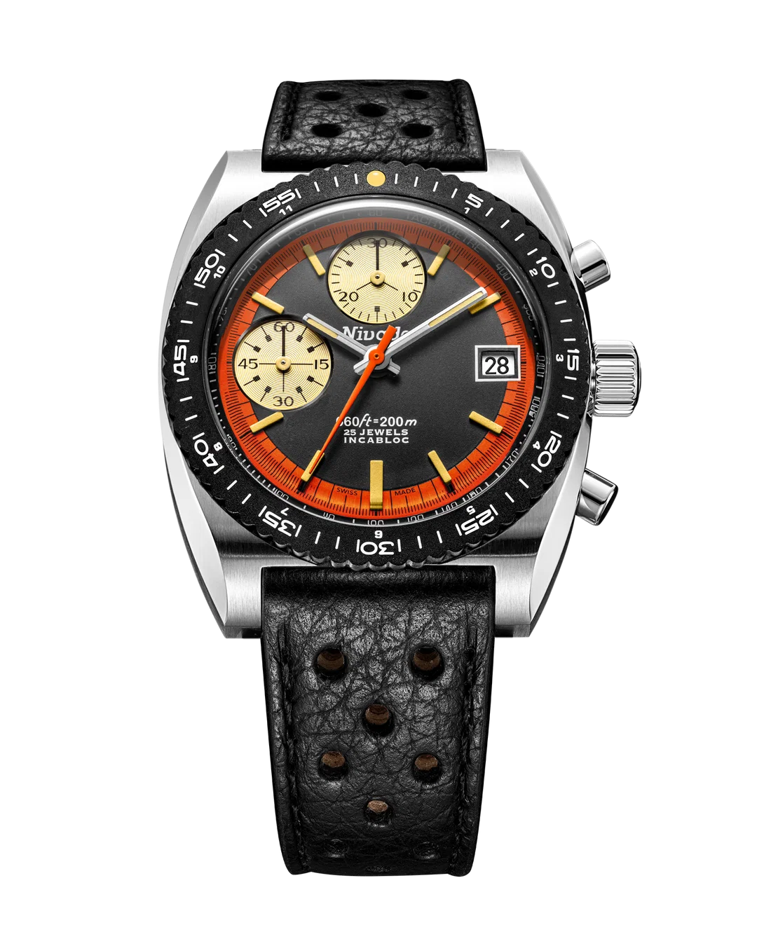 Autochron Orange Automatic on black racing leather strap