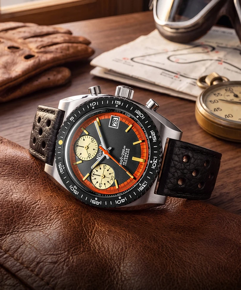 Nivada Grenchen Autochron Orange Automatic viewed from the side