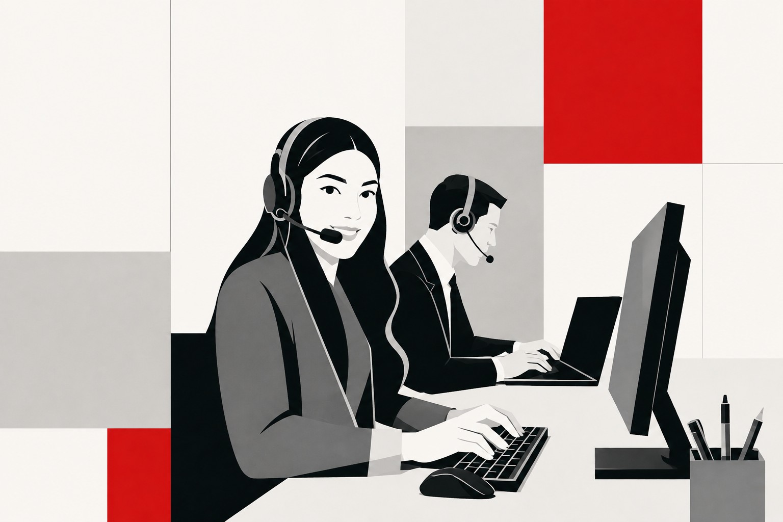 Retro pen illustration of a smiling contact center agent wearing a headset at a workstation