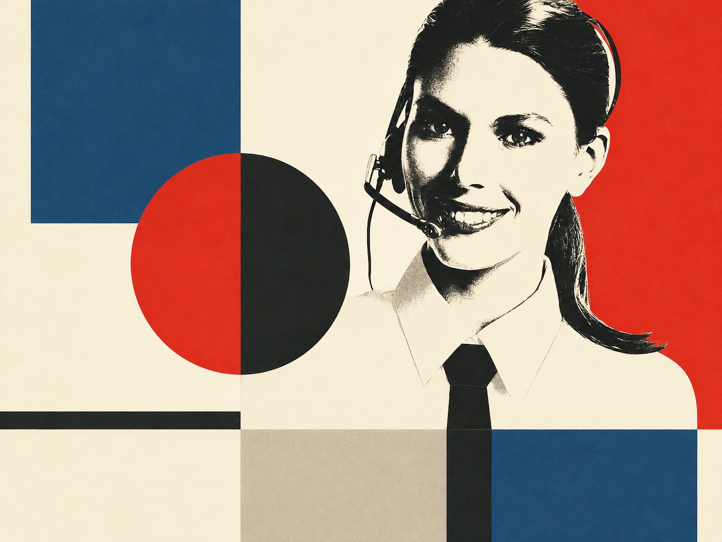 A contact center agent wearing a headset, rendered in a stylized poster treatment