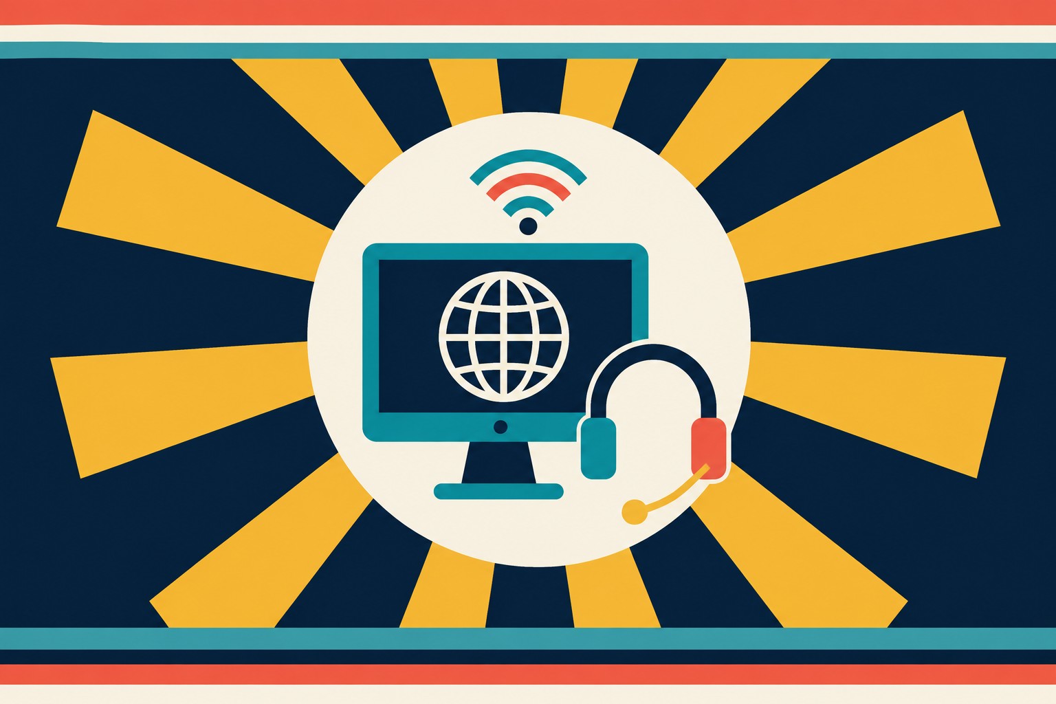 Retro poster illustration of a headset, sound waves and a routing network - the customer call.