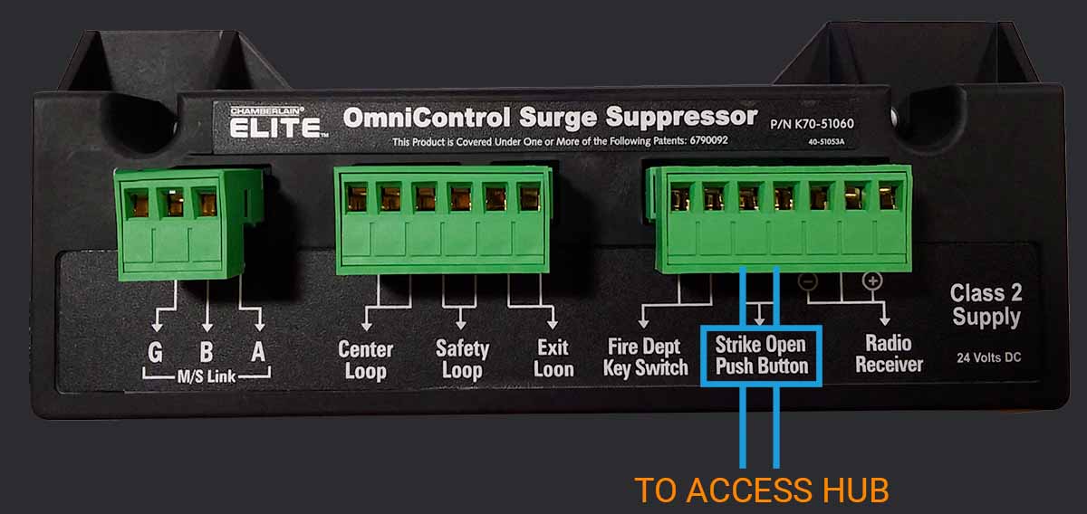 LiftMaster Elite Q410 Surge Suppression Board connected to Ubiquiti Access Hub