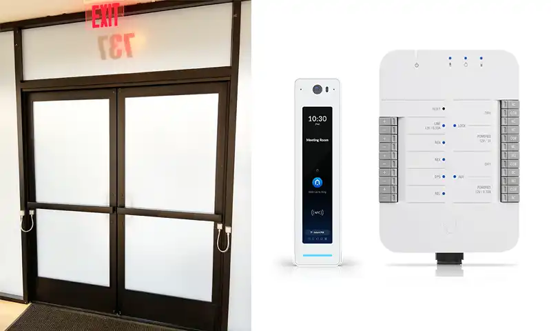  Access control on double-sided glass door with an aluminum frame