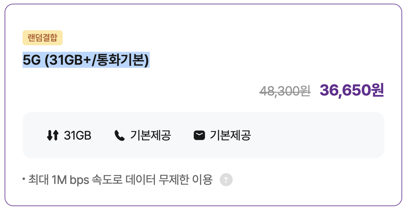 5G (31GB+/통화기본)