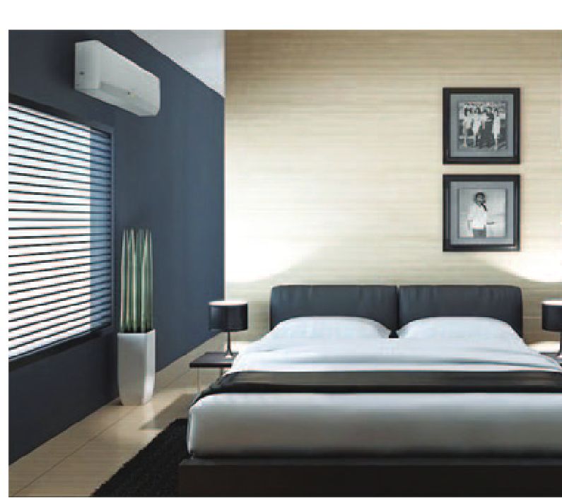 A stylish bedroom setup with a mounted air conditioning unit.