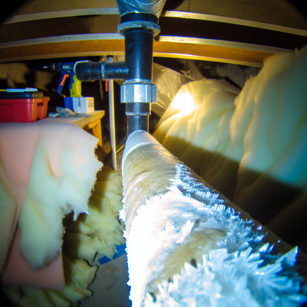An up-close view of a section of exposed pipe transitioning from unfrozen to frozen, illustrating the freeze and burst phenomenon. The image should de