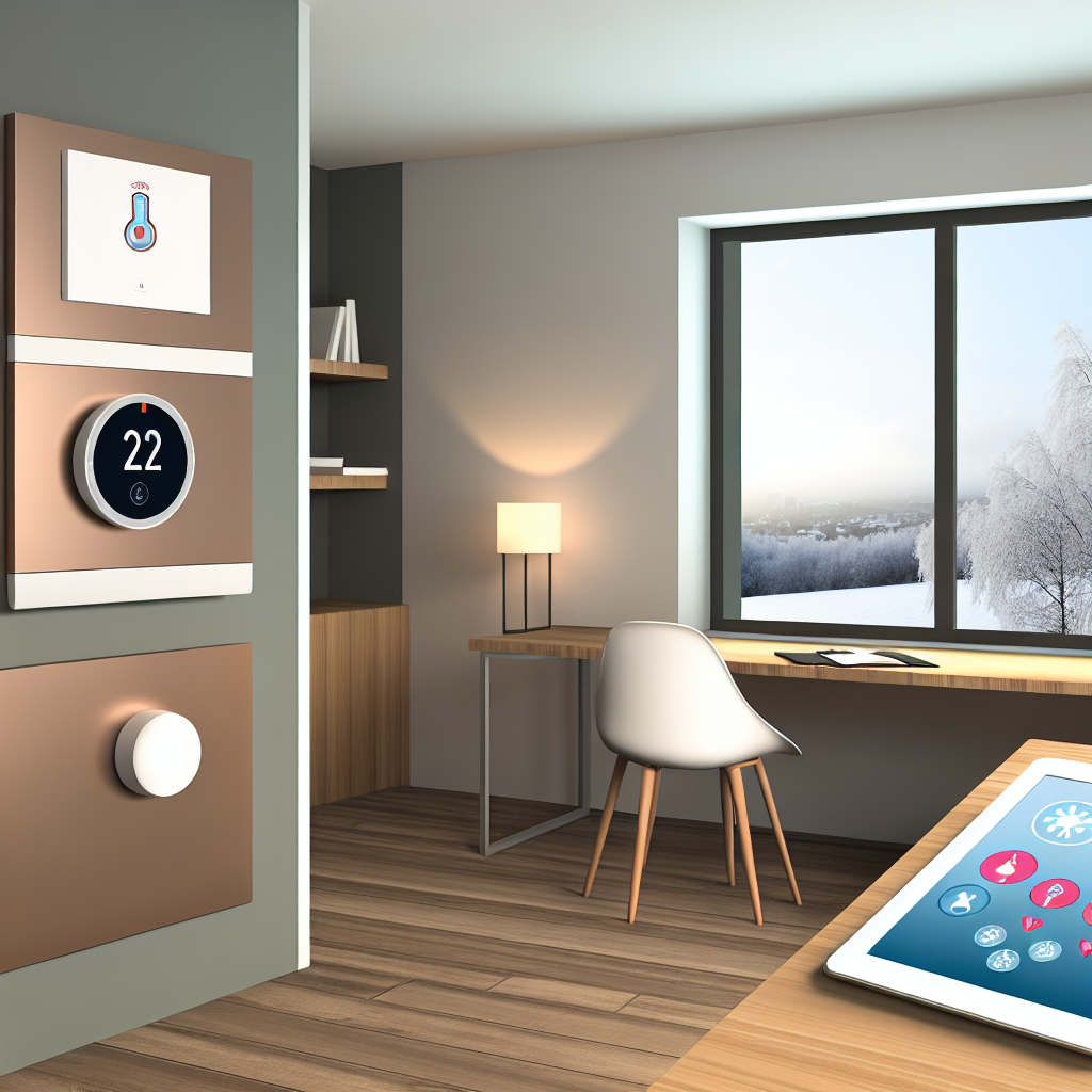 A modern, well-lit home office featuring a smart thermostat mounted on a wall and a tablet displaying a plumbing monitoring app on a desk, with icons 