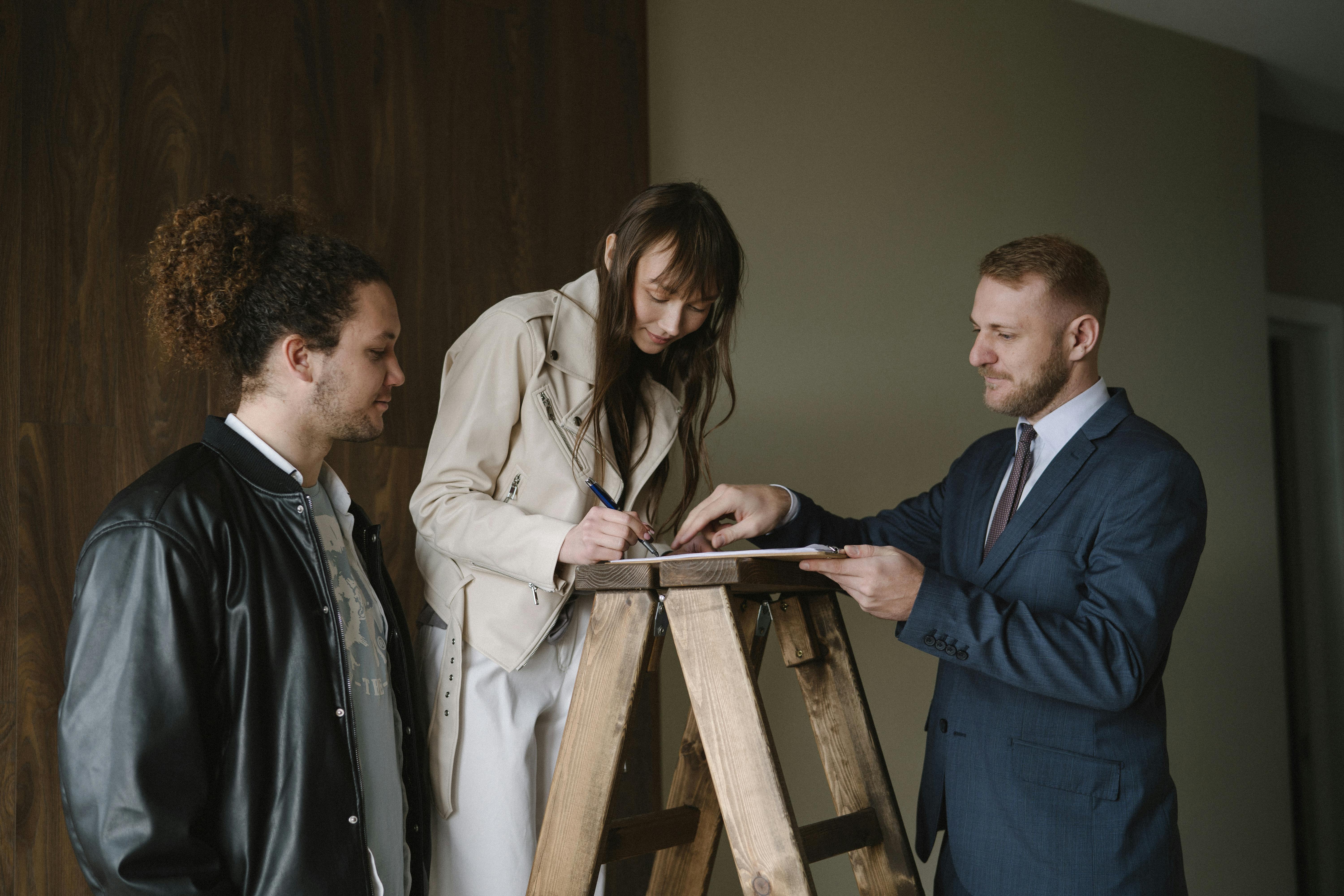 A high-definition, photorealistic image showing a professional inspector with a clipboard and a homeowner discussing in front of a house with visible 