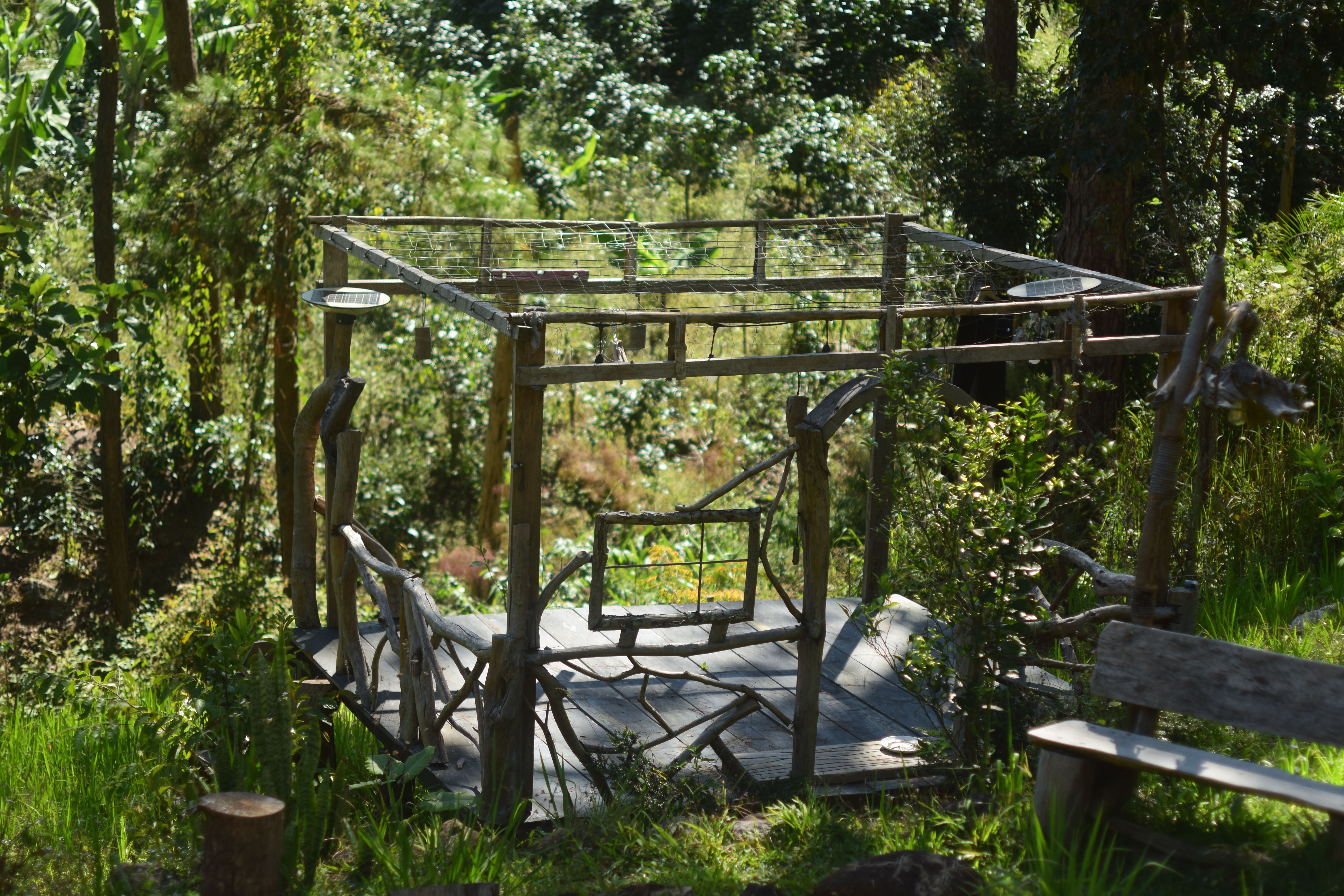 A close-up of a pergola made from sustainable materials like bamboo and reclaimed wood. The design highlights the natural textures and durability of e