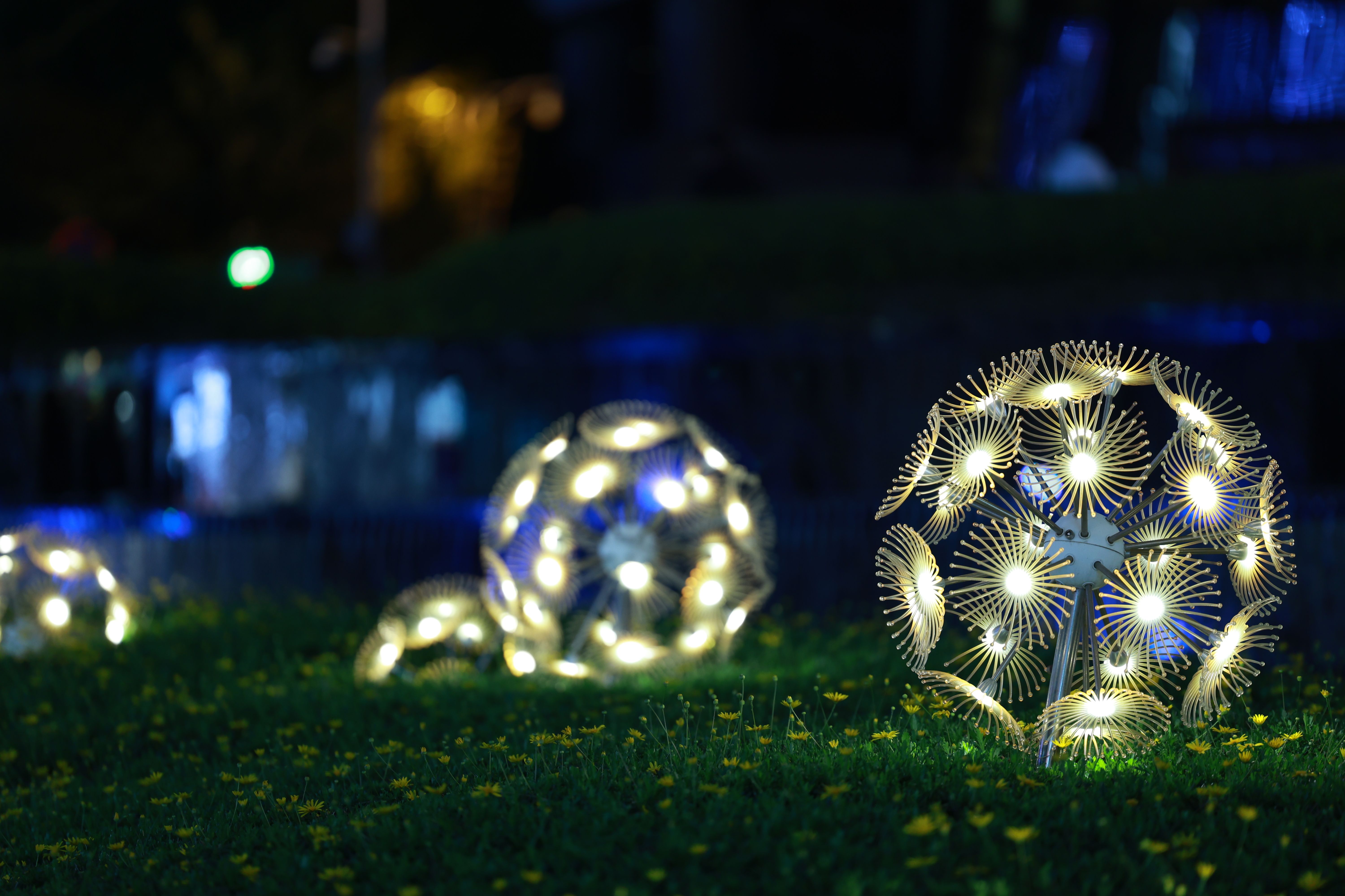 A comparative scene showing LED, halogen, and solar outdoor lights in a garden setting. Each type of light is demonstrated in use, highlighting their 