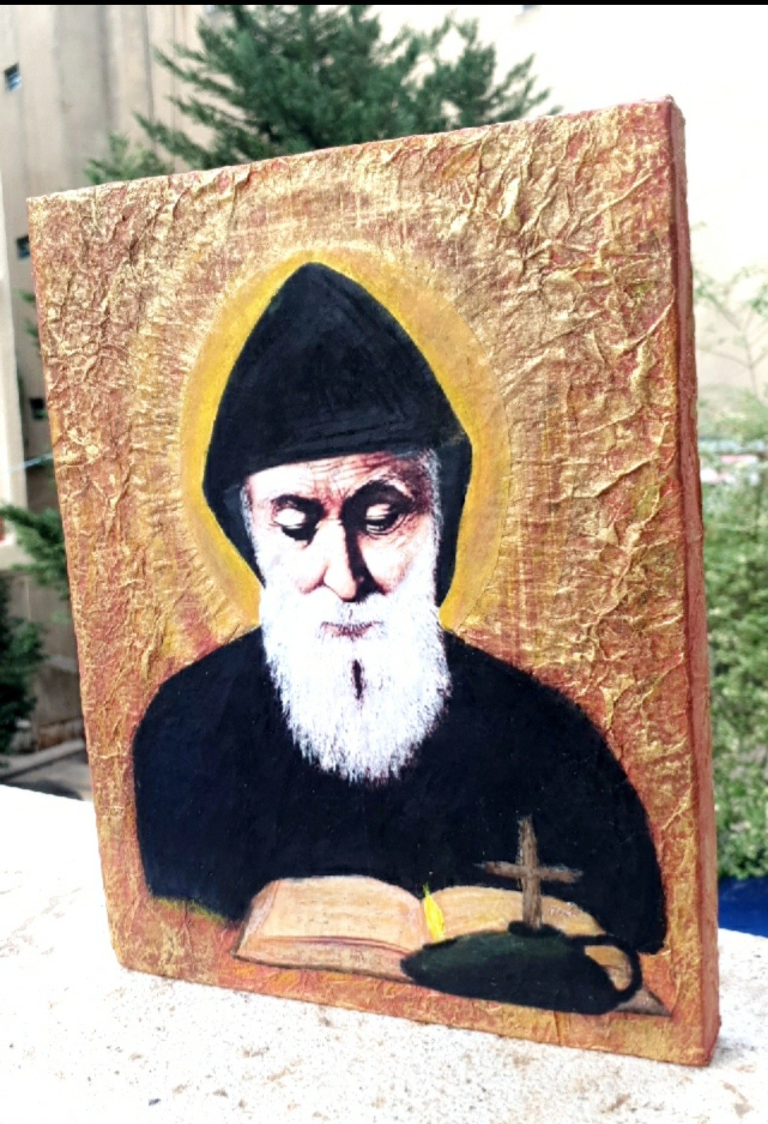 Saint Charbel Handmade Icon - Black & Gold Color