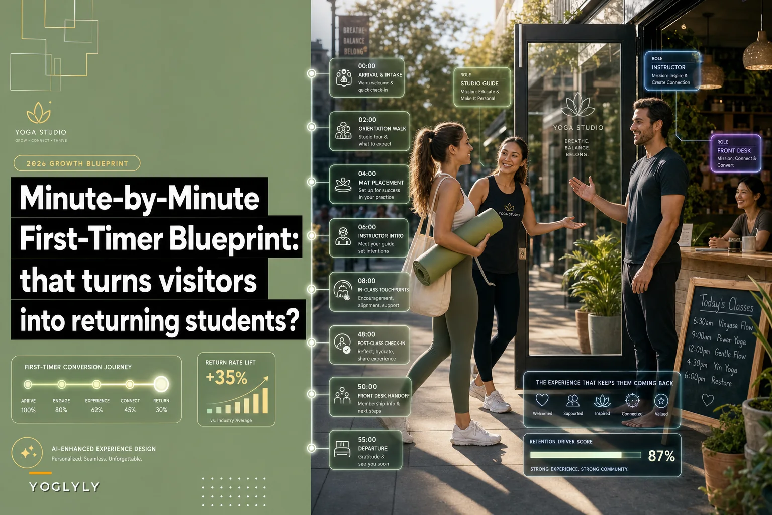 A minute-by-minute first-timer blueprint that turns visitors into returning students