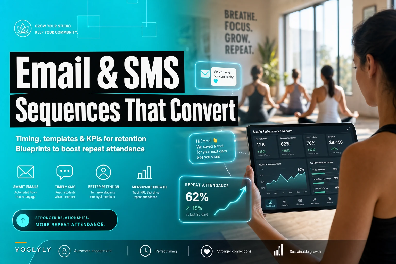 Email and SMS sequences that convert new students into repeat attendees