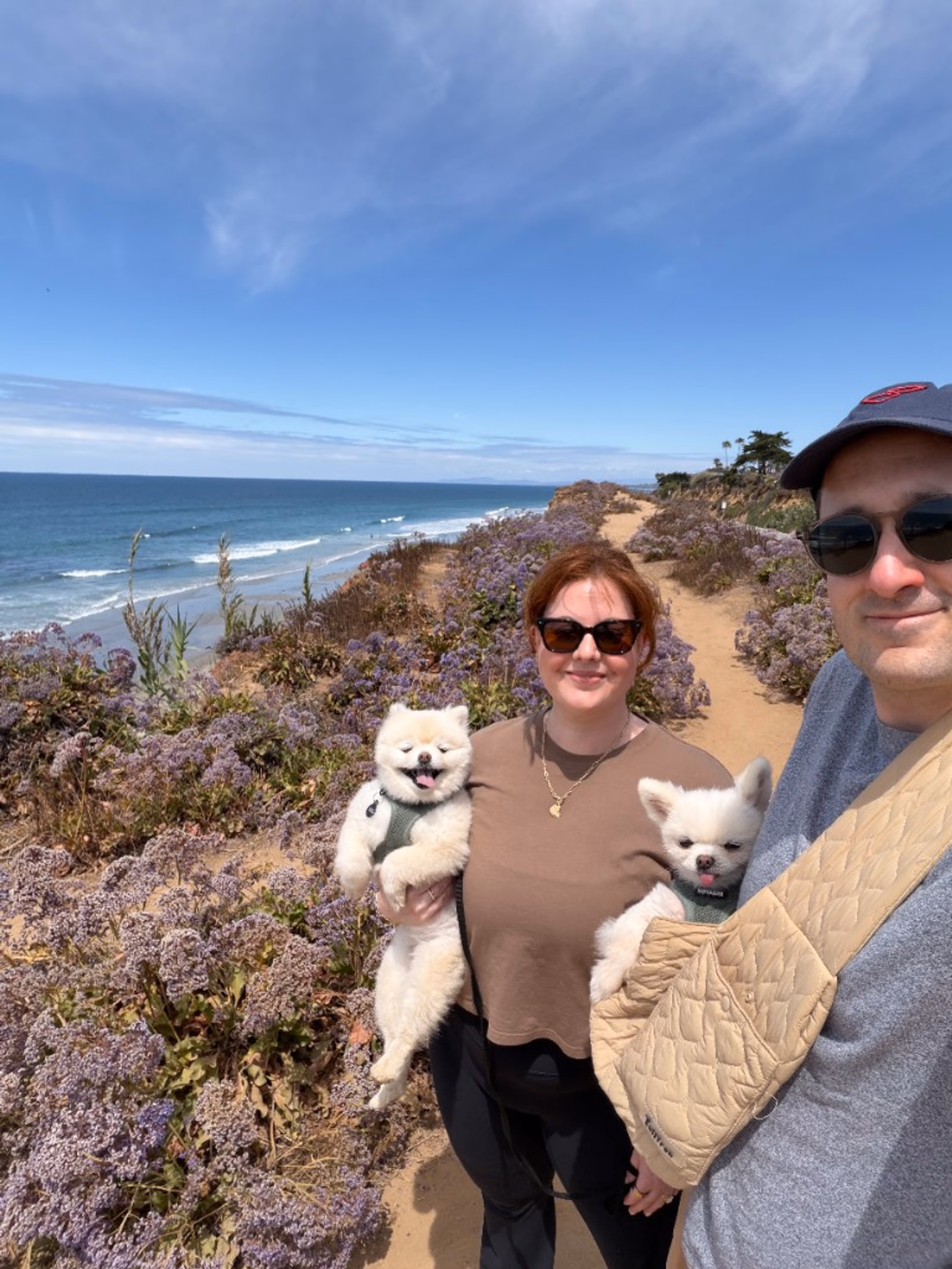 Elise and Sal with Juniper and Beau on a coastal trail