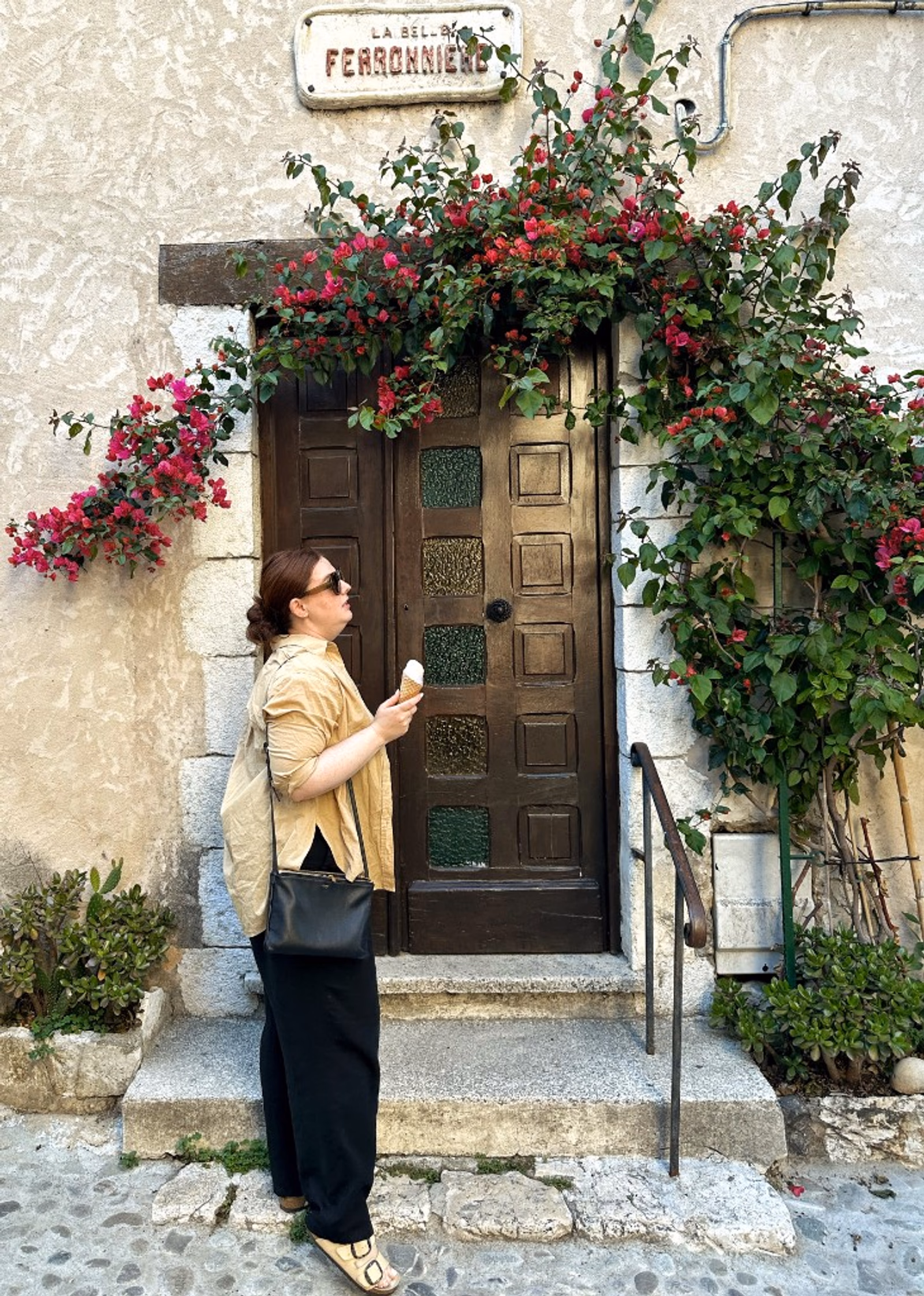 Elise with gelato outside La Belle Ferronnière in Provence