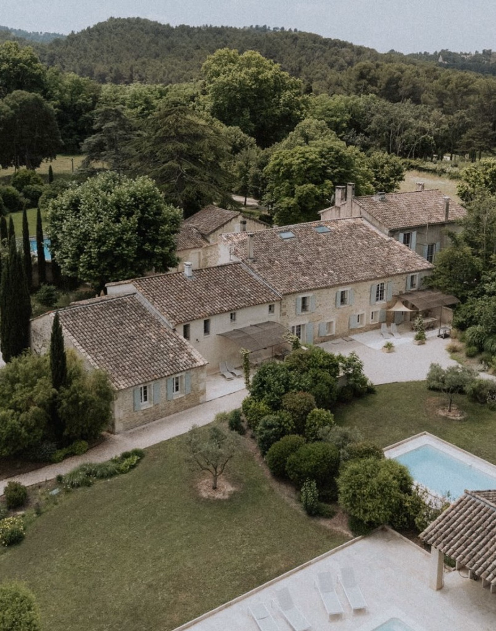 Aerial view of Mas Millésime among the gardens