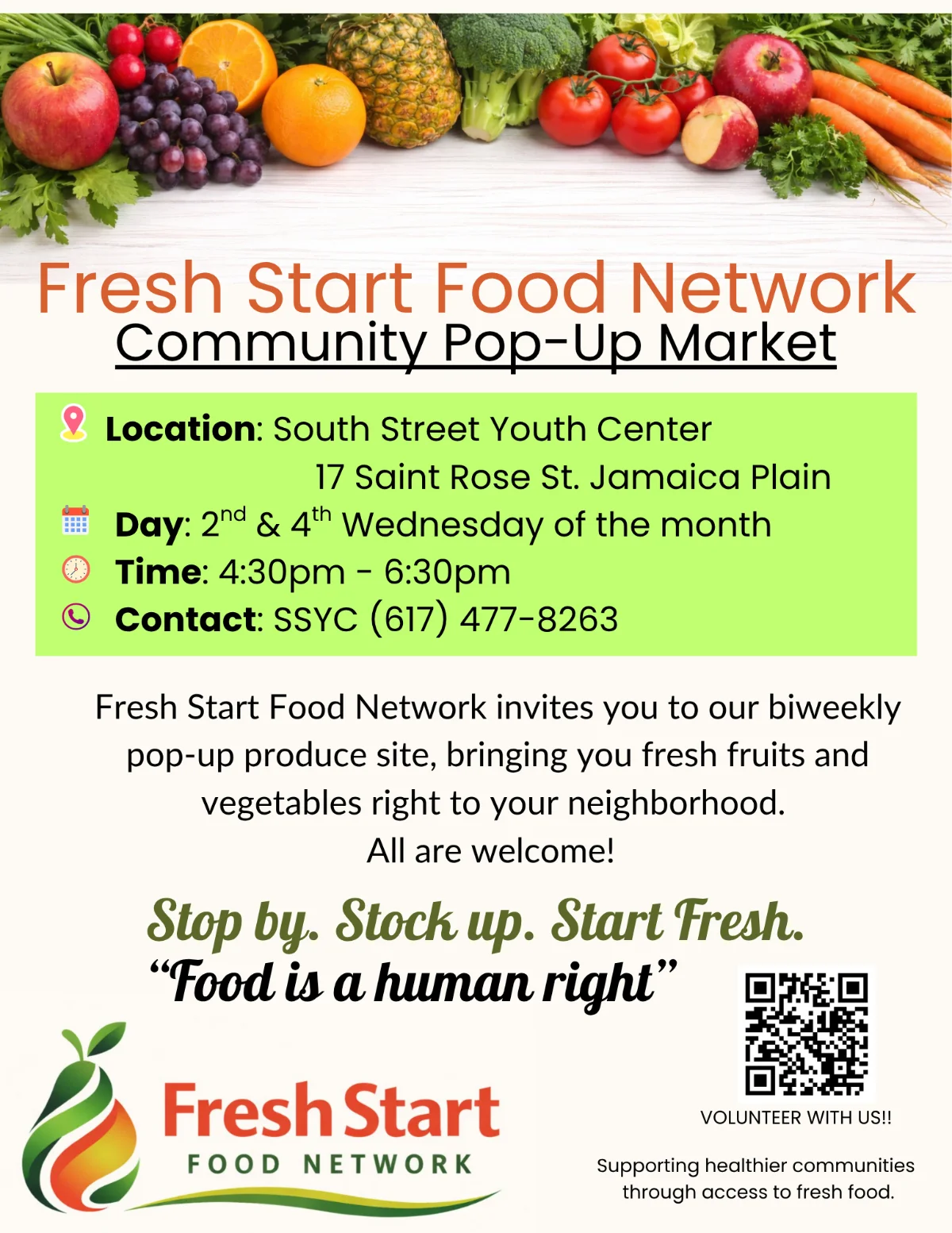 Free Fresh Food Bags Every 2nd & 4th Wednesday at the South Street Youth Center!
