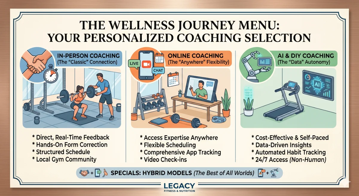 Choosing the Right Fitness & Nutrition Coaching: In-Person, Online, or AI?