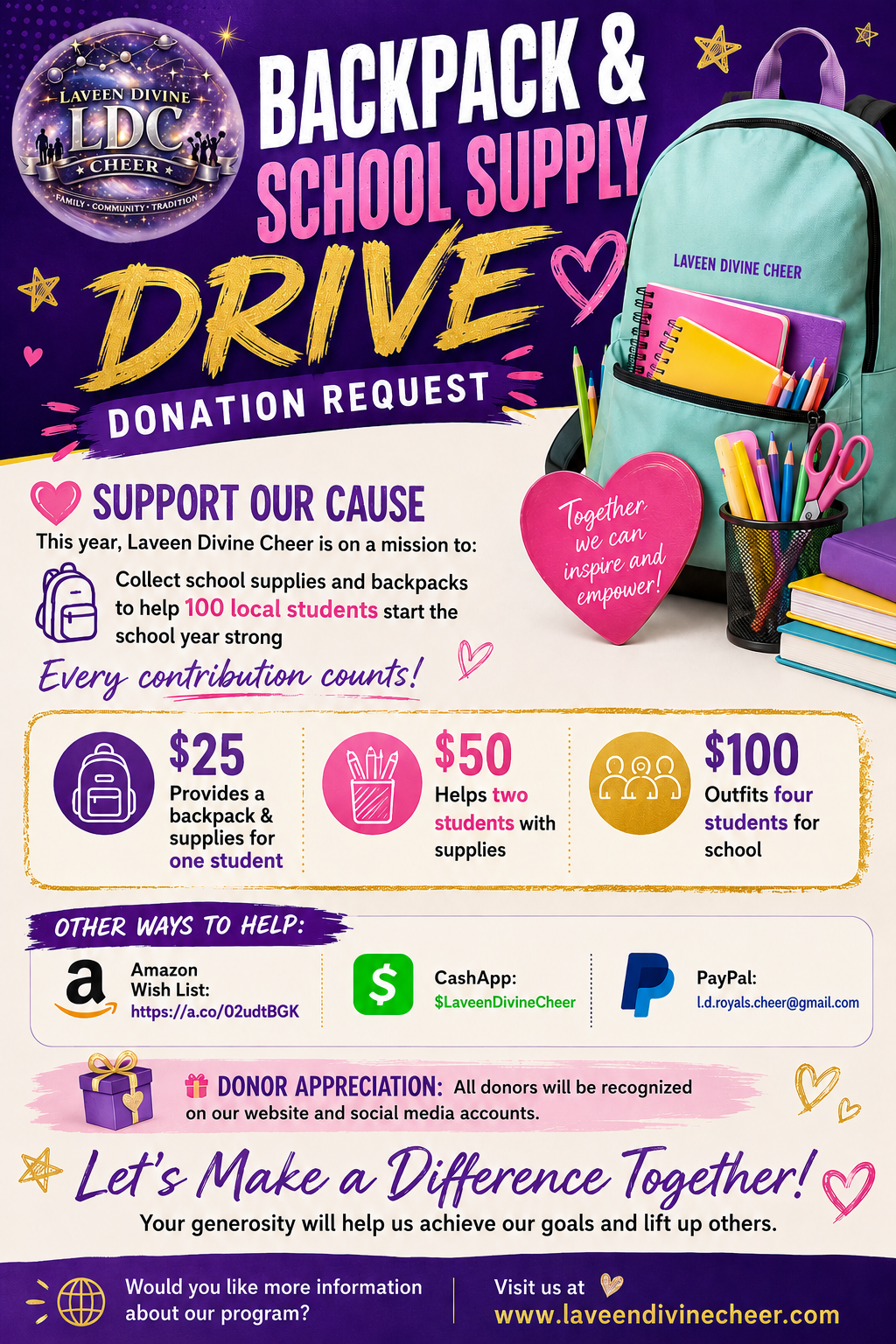 Laveen Divine Cheer: BACKPACK & SCHOOL SUPPLY DRIVE 2026