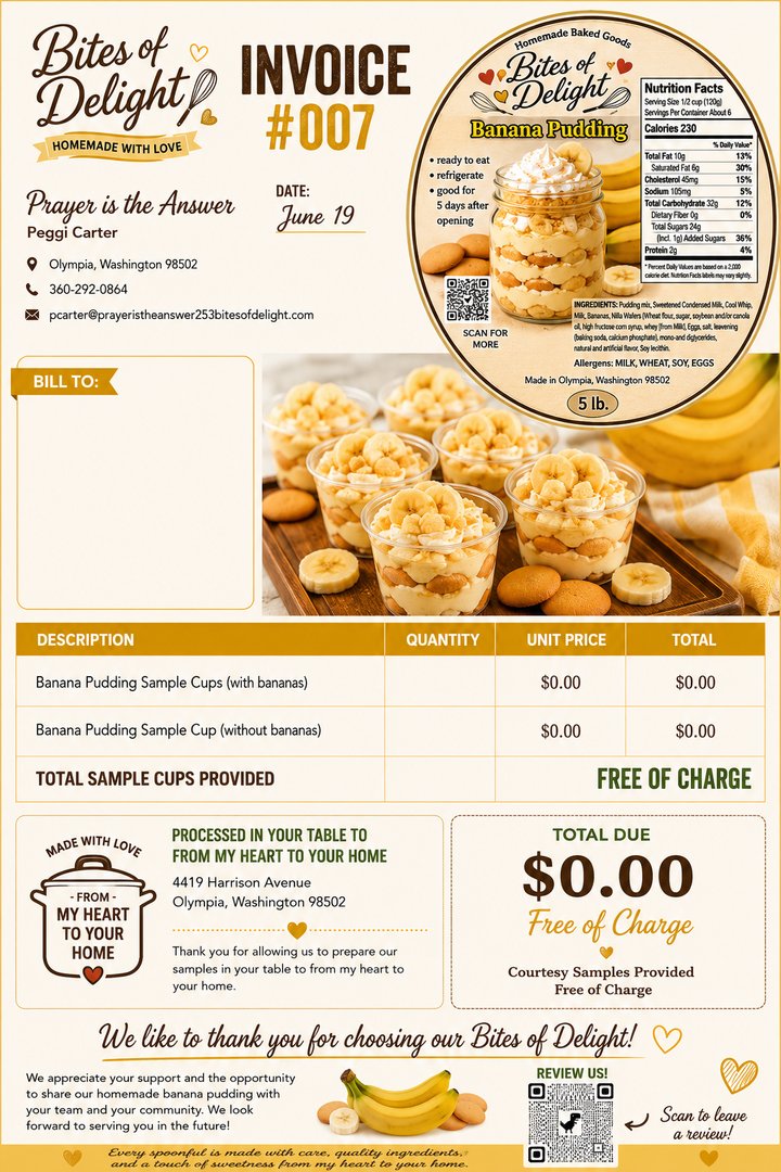 A sample of our new banana pudding invoices
