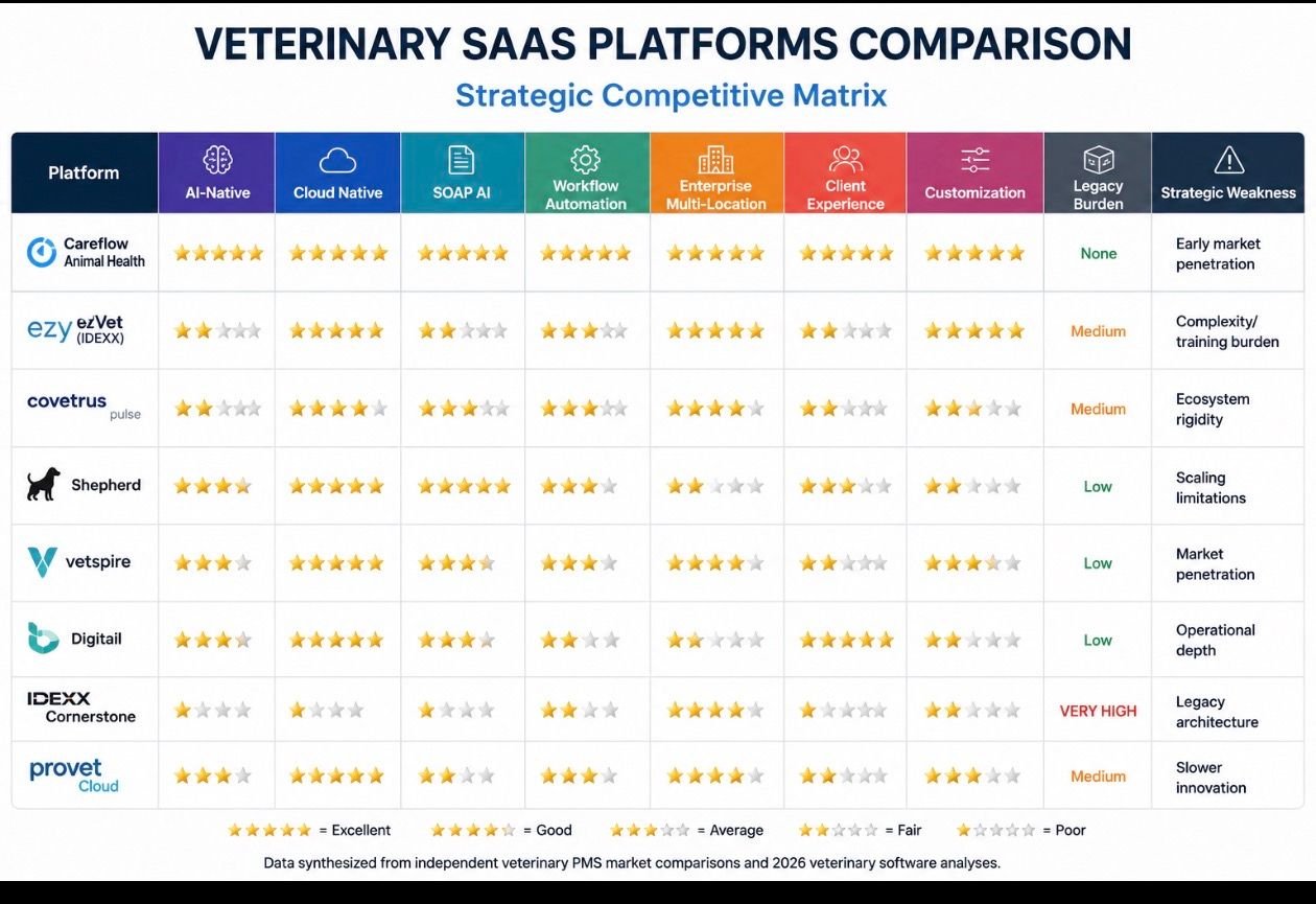 Veterinary SaaS Platforms Compared: Careflow Animal Health vs. Covetrus, EasyVet, IDEXX Neo, and Provet