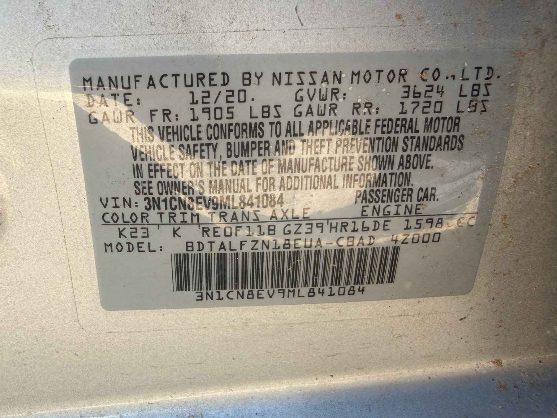 Nissan Versa 2021 para partes VIN
