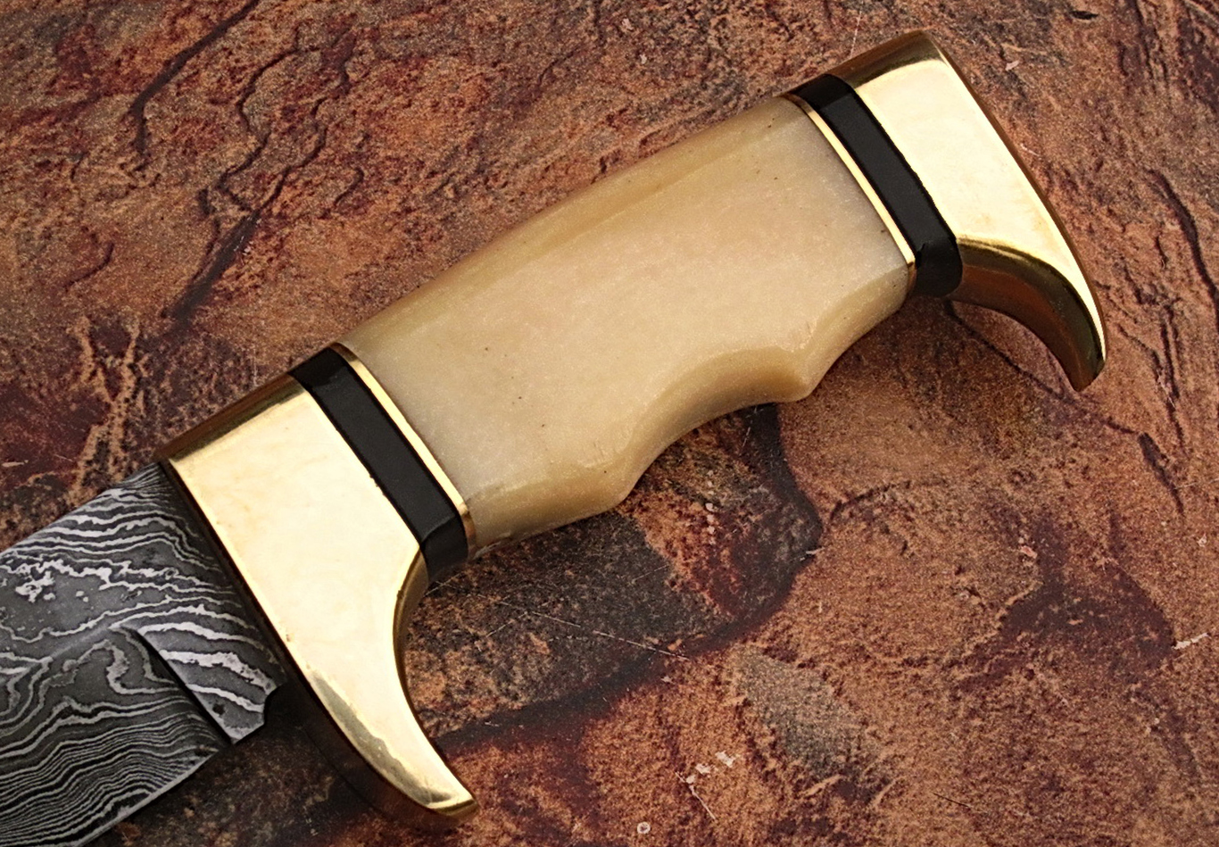 Damascus steel hunting knife with Camel Bone Handle & Brass Bolster