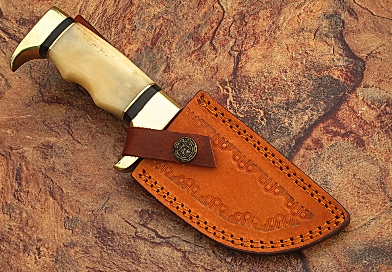 Damascus steel hunting knife with Camel Bone Handle & Brass Bolster