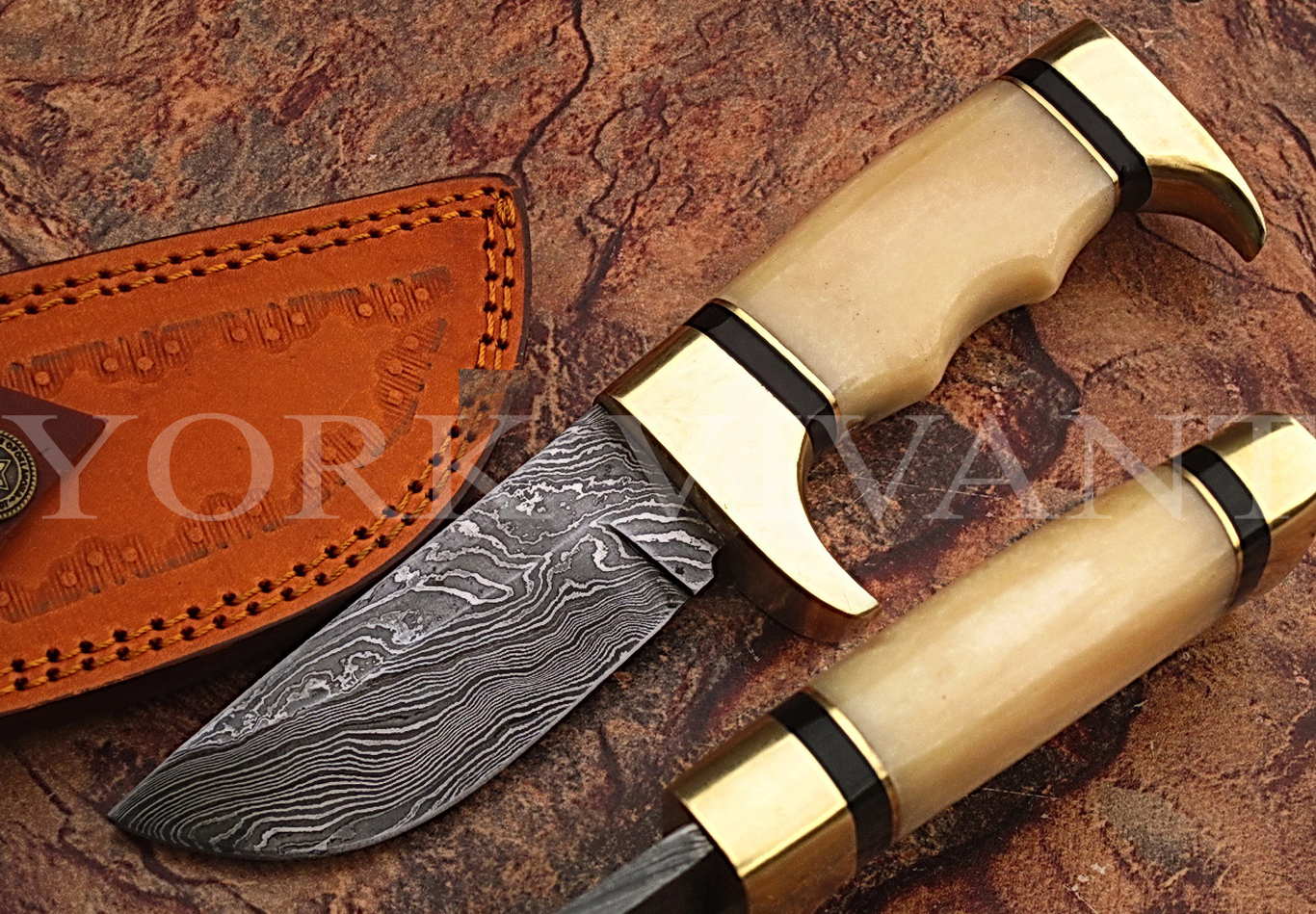 Damascus steel hunting knife with Camel Bone Handle & Brass Bolster