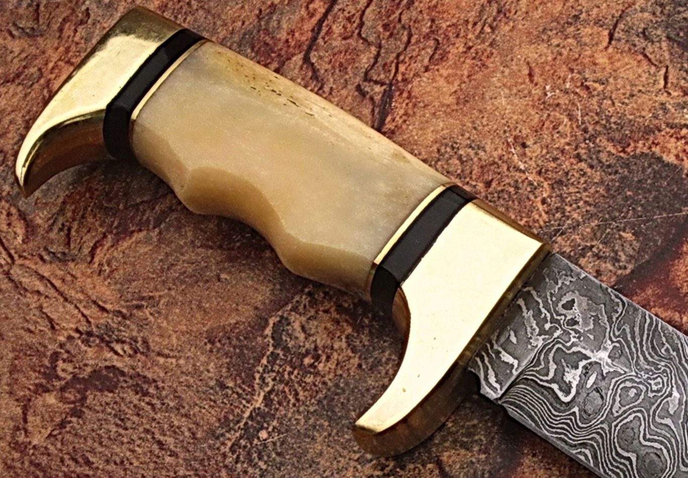 Damascus steel hunting knife with Camel Bone Handle & Brass Bolster