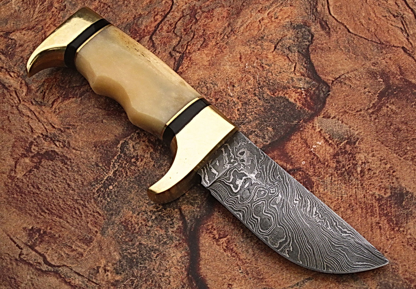 Damascus steel hunting knife with Camel Bone Handle & Brass Bolster